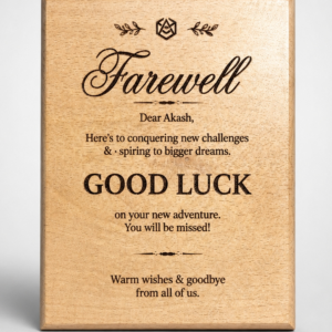 Personalized wooden farewell plaque with engraved name and message